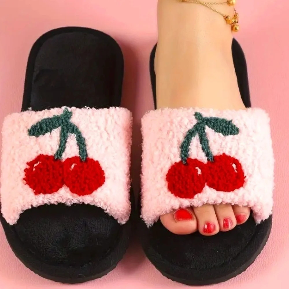 Women's Girl's Pink Cherry Blossom Plush Slippers Size 9.5 - Fuzzy and Soft